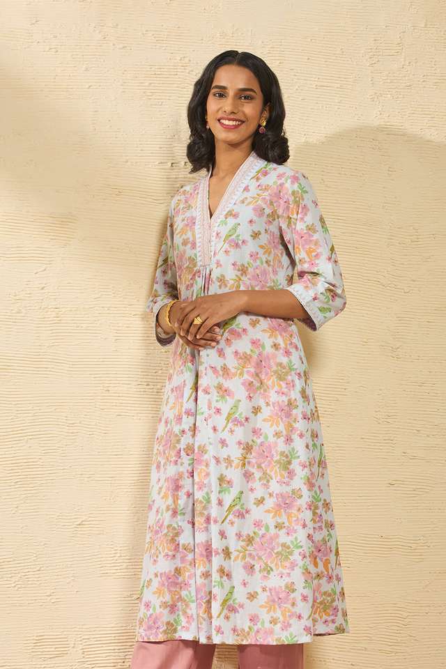 Light Blue Pure Cotton Printed Sanganeri Kurta thumbnail image number null
