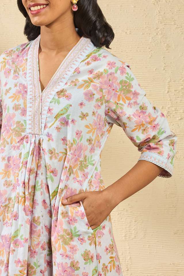 Light Blue Pure Cotton Printed Sanganeri Kurta thumbnail image number null
