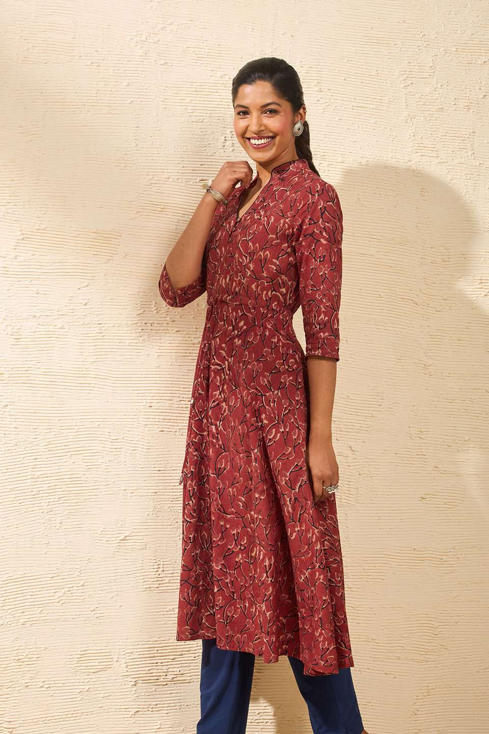 Red Block Printed Kalamkari Pure Cotton Kurta