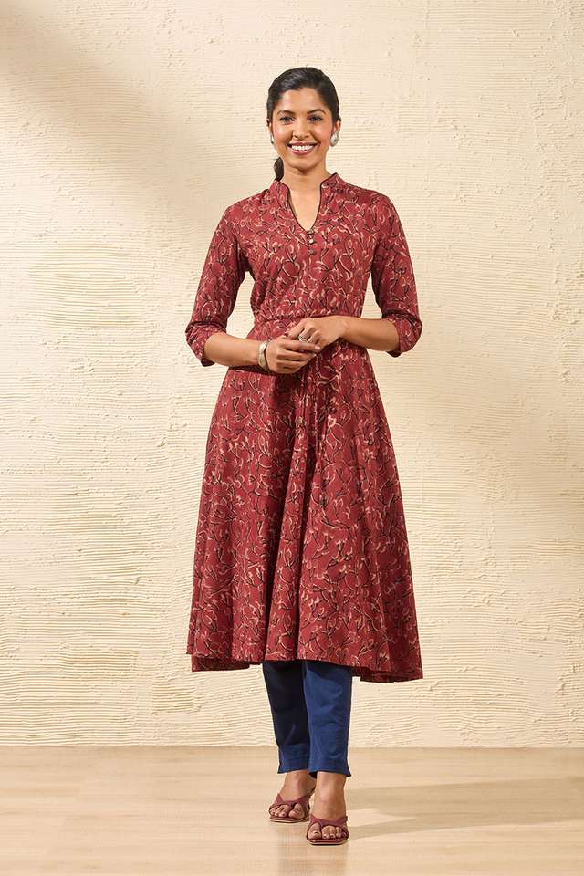 Red Block Printed Kalamkari Pure Cotton Kurta thumbnail image number null