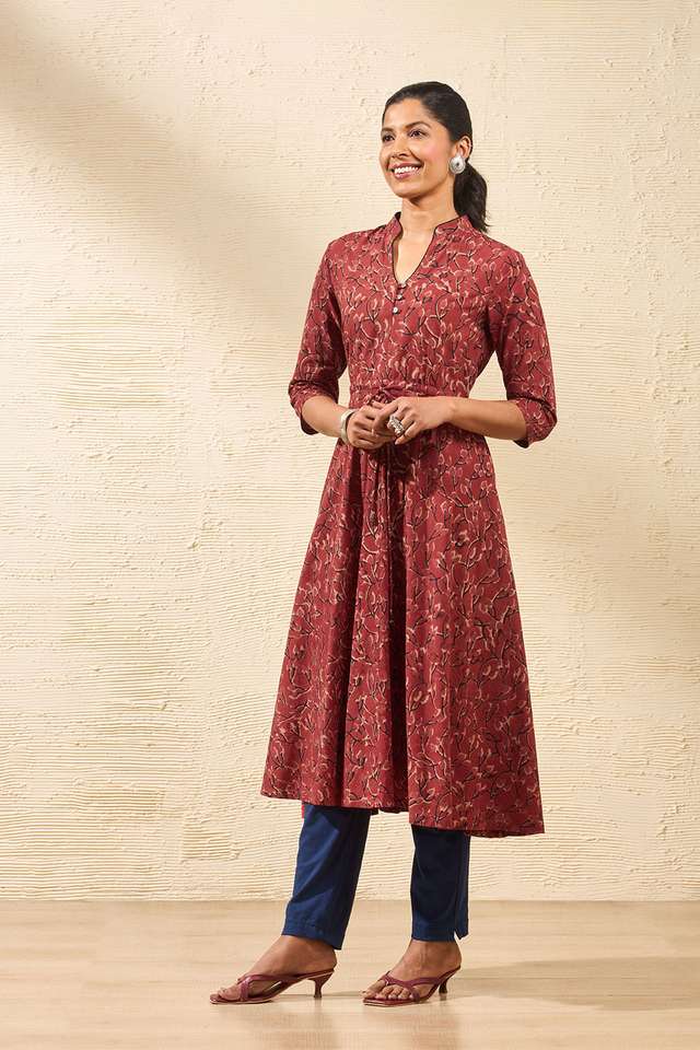 Red Block Printed Kalamkari Pure Cotton Kurta thumbnail image number null