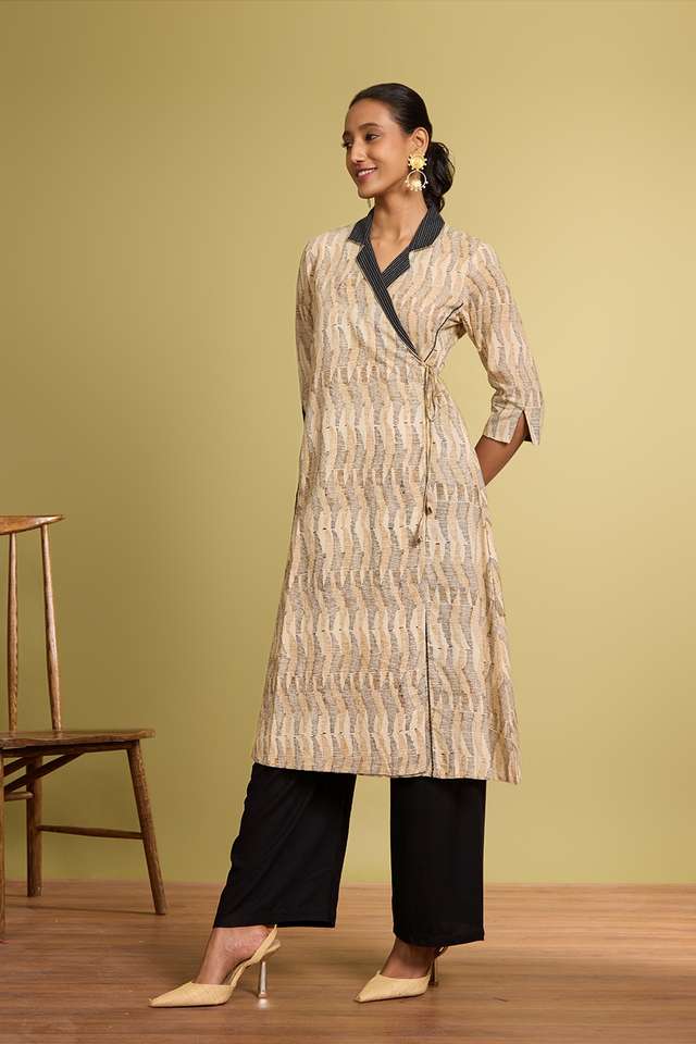 Yellow Block Printed Pure Cotton Kurta thumbnail image number null