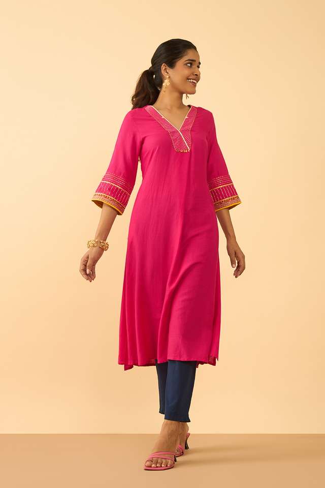 Pink Viscose Embroidered Kurta thumbnail image number null