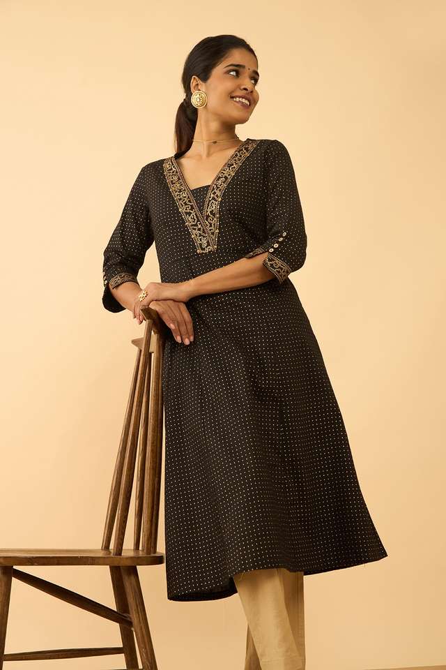 Black Screen Printed Pure Cotton Kurta image number