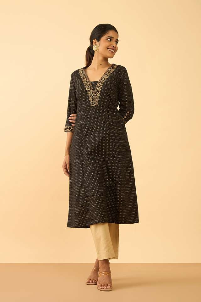 Black Screen Printed Pure Cotton Kurta thumbnail image number null