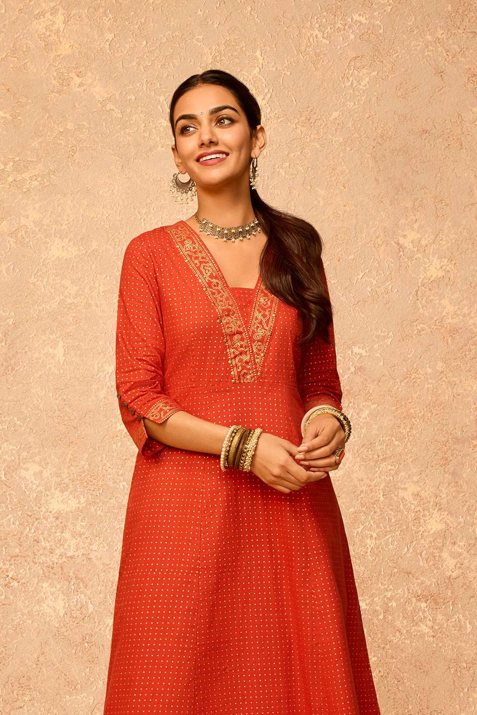 Dark Orange Screen Printed Pure Cotton Kurta