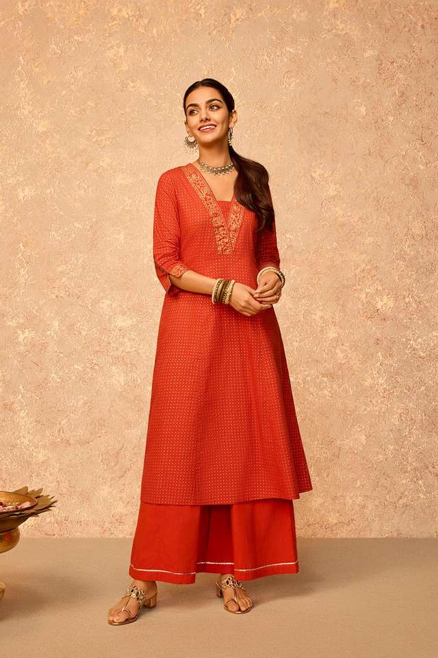 Dark Orange Screen Printed Pure Cotton Kurta thumbnail image number null