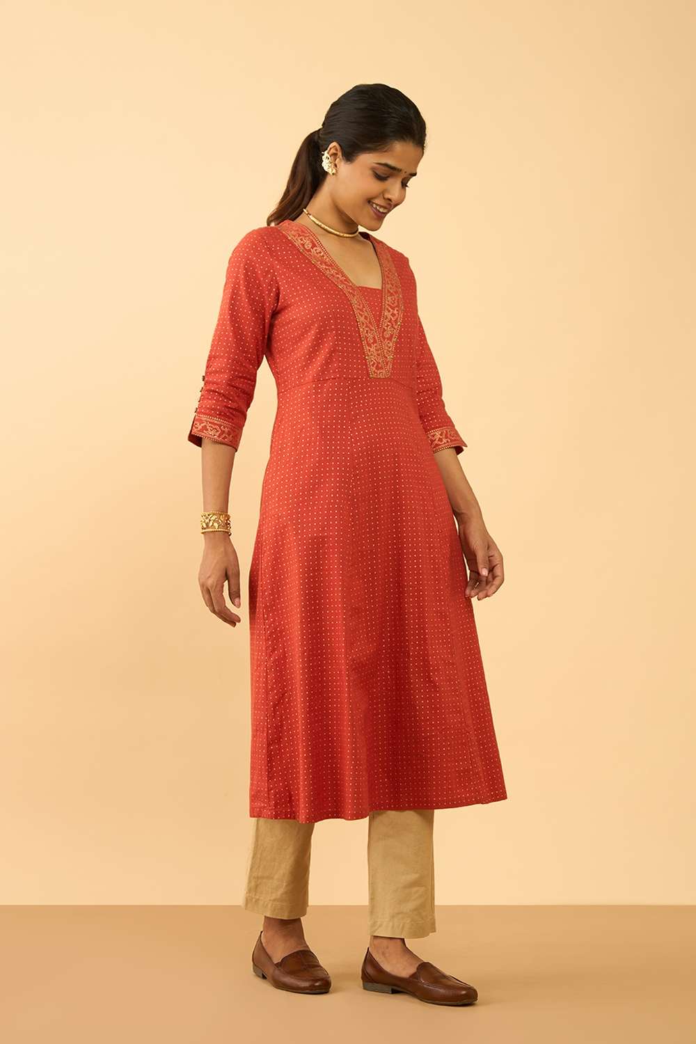 Dark Orange Screen Printed Pure Cotton Kurta image number null