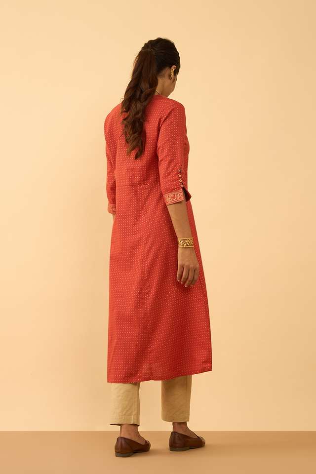 Dark Orange Screen Printed Pure Cotton Kurta thumbnail image number null