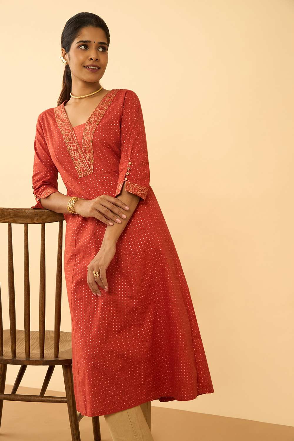 Dark Orange Screen Printed Pure Cotton Kurta image number null