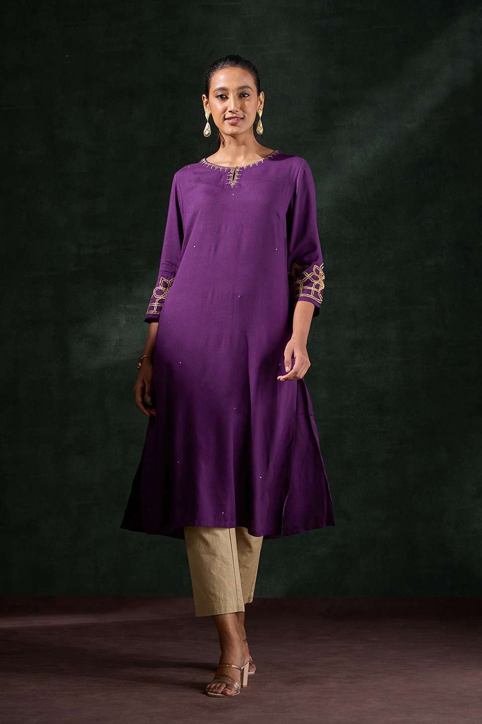 Dark Violet Viscose Embroidered Kurta