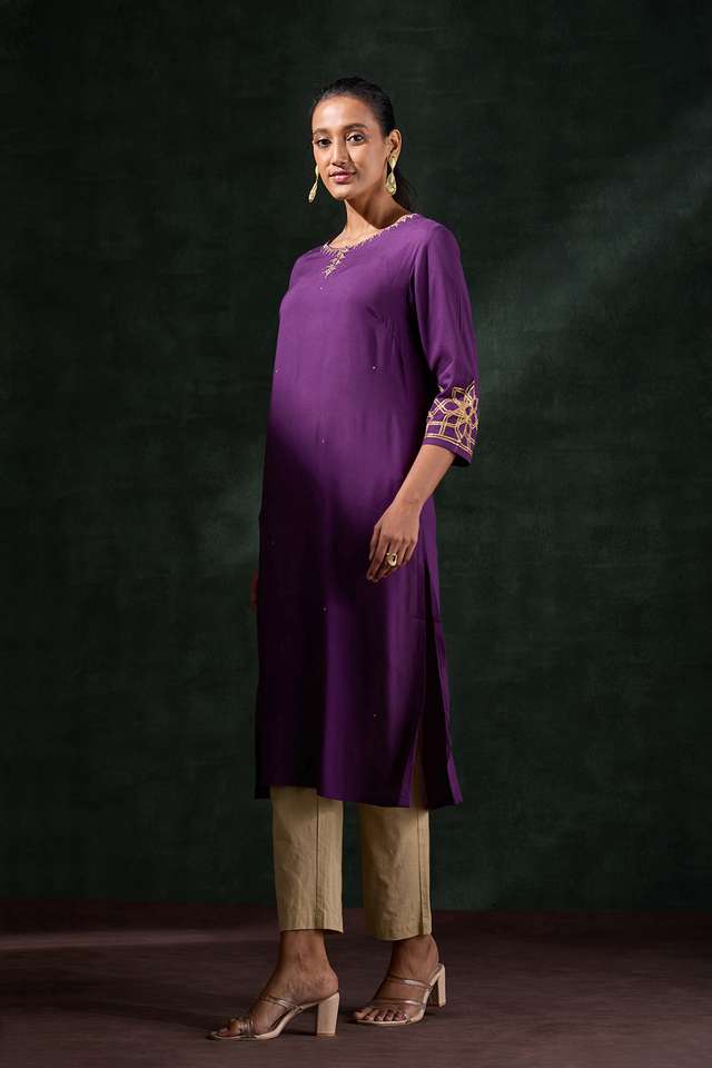 Dark Violet Viscose Embroidered Kurta thumbnail image number null