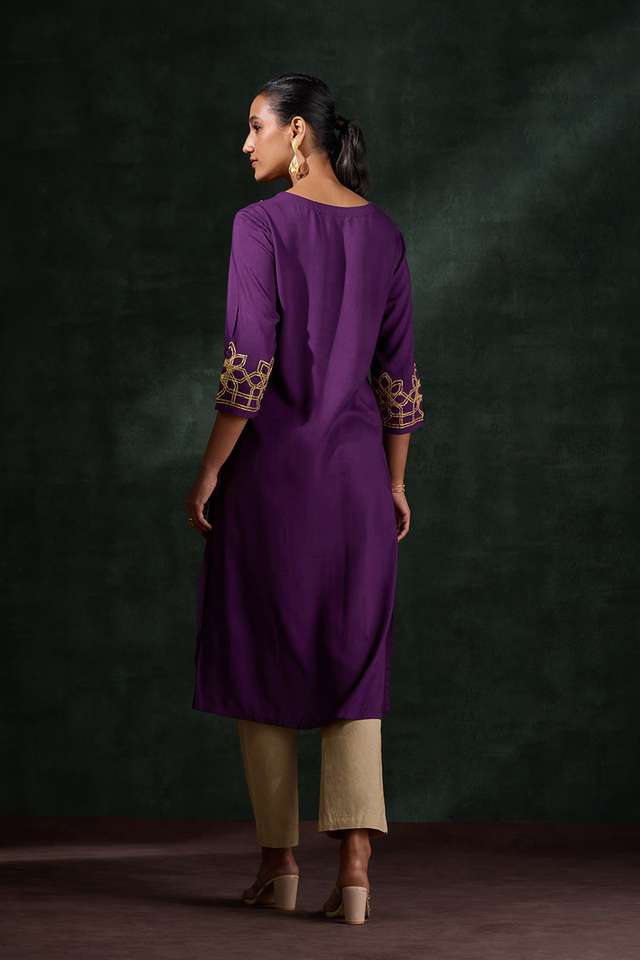 Dark Violet Viscose Embroidered Kurta thumbnail image number null