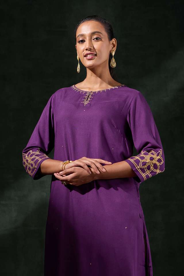 Dark Violet Viscose Embroidered Kurta thumbnail image number null