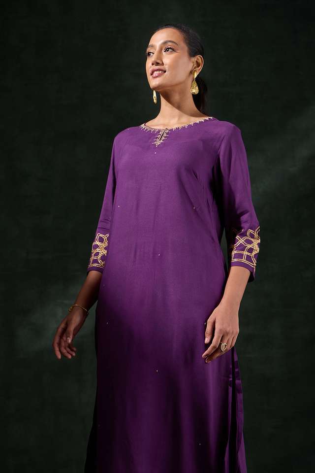 Dark Violet Viscose Embroidered Kurta thumbnail image number null