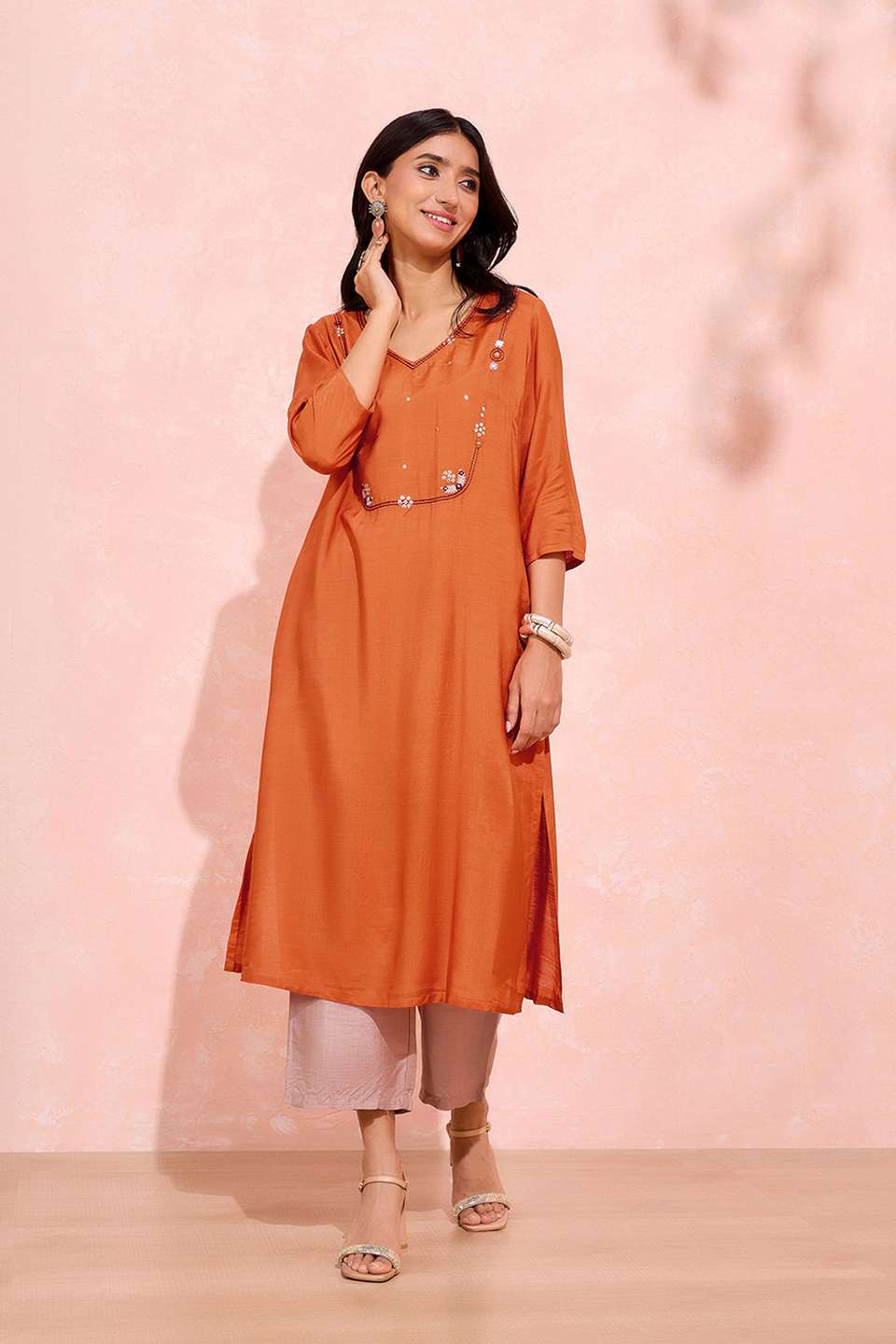 Dark Orange Viscose Embroidered Kurta