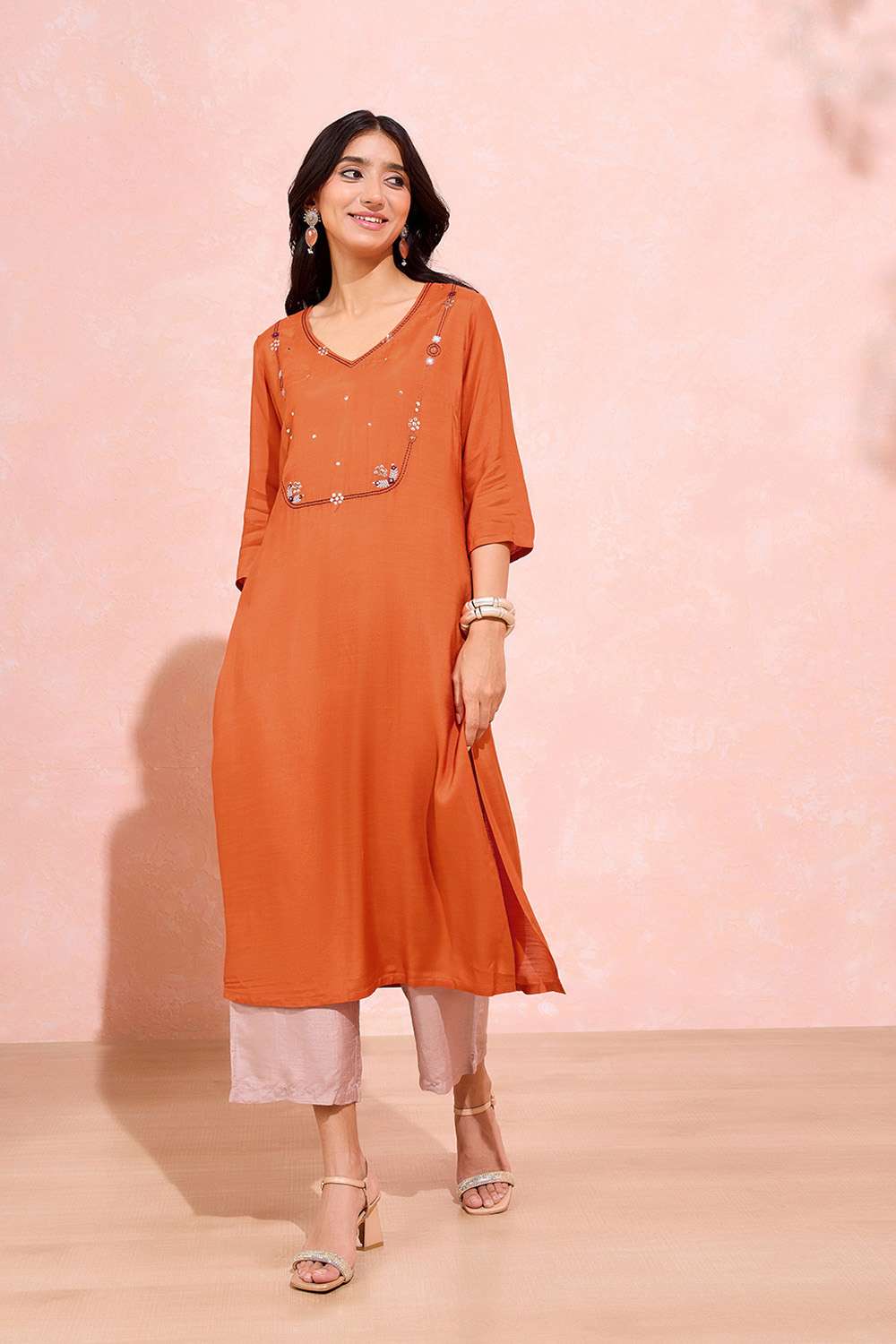 Dark Orange Viscose Embroidered Kurta image number null