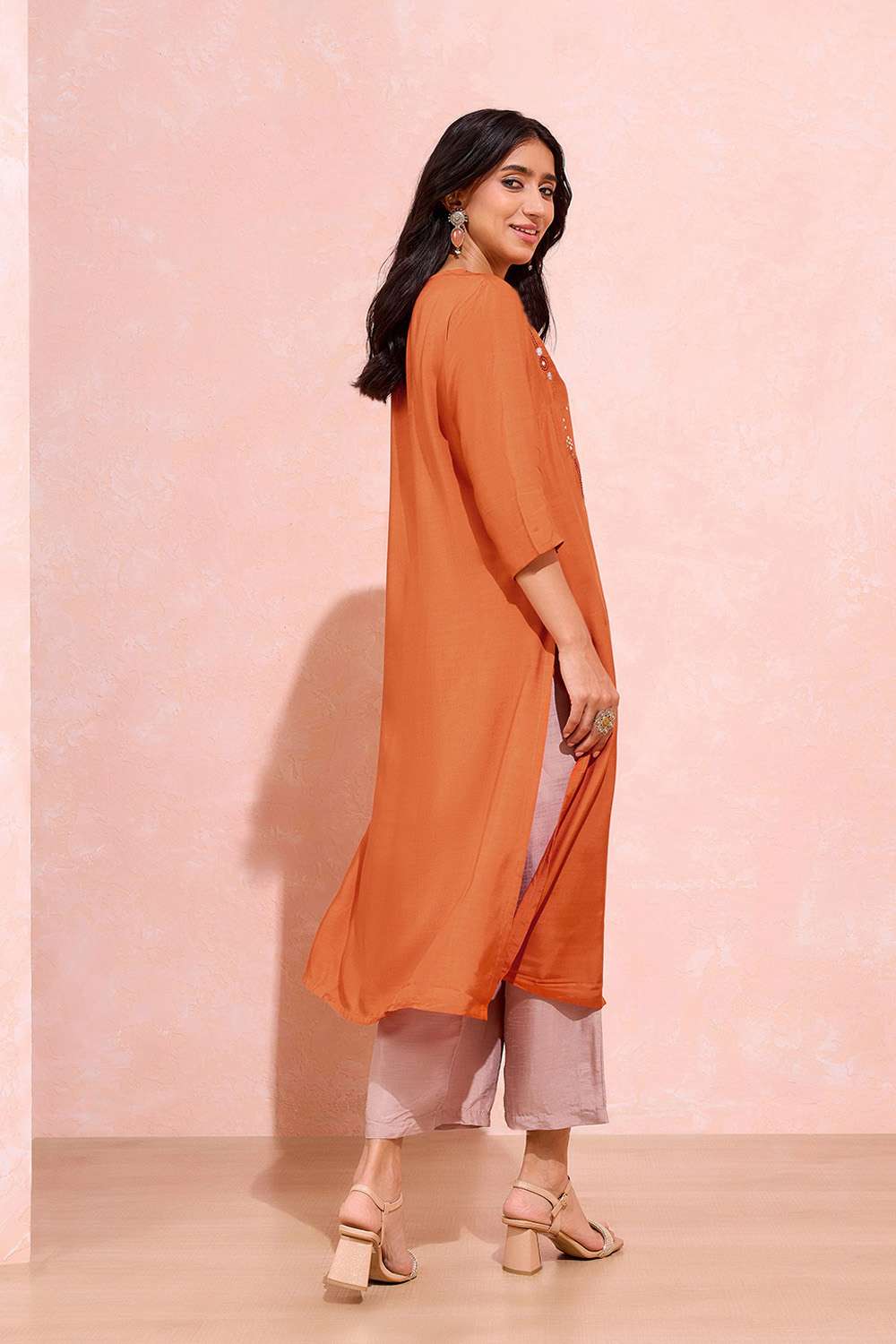 Dark Orange Viscose Embroidered Kurta image number null