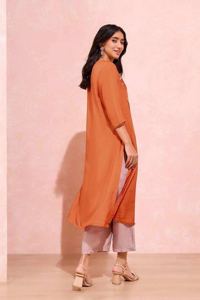 Dark Orange Viscose Embroidered Kurta thumbnail image number null