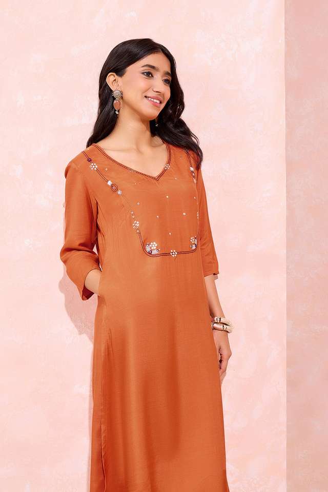 Dark Orange Viscose Embroidered Kurta thumbnail image number null
