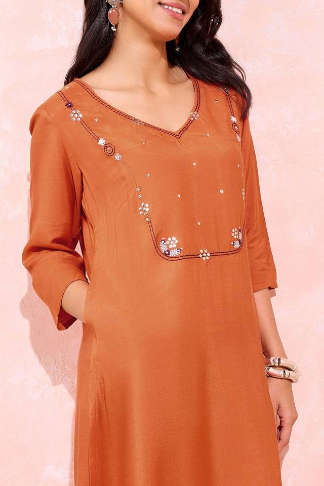 Dark Orange Viscose Embroidered Kurta thumbnail image number null