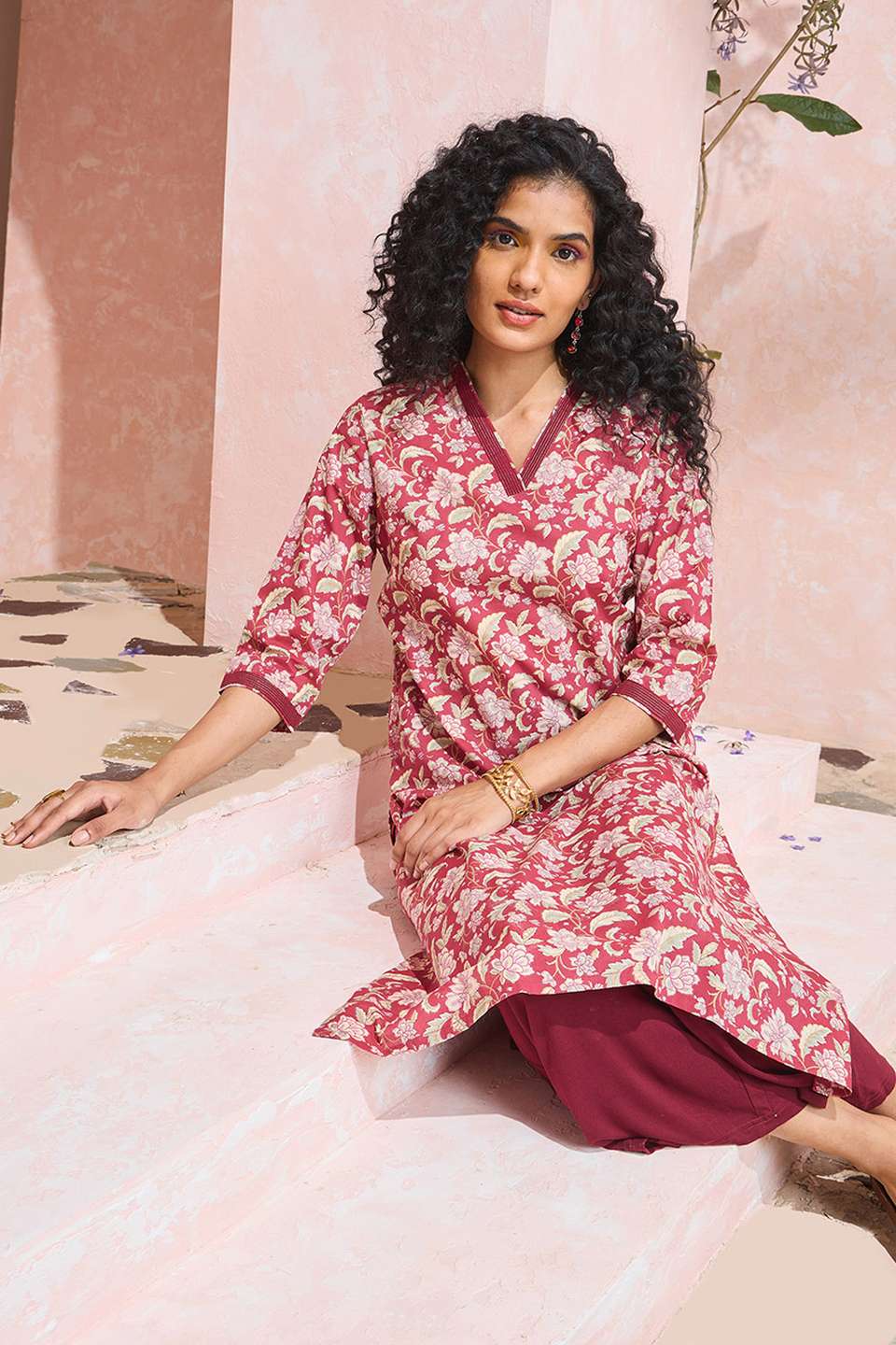 Pink Screen Printed Pure Cotton Kurta