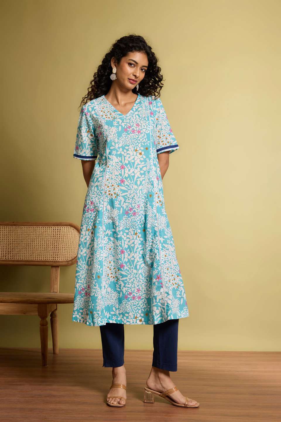 Light Blue Screen Printed Pure Cotton Kurta