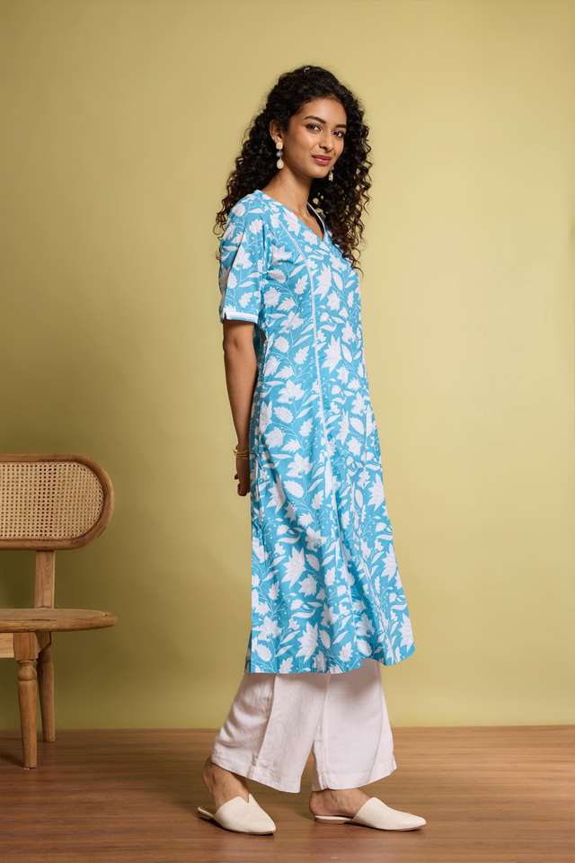 Blue Screen Printed Pure Cotton Kurta thumbnail image number null