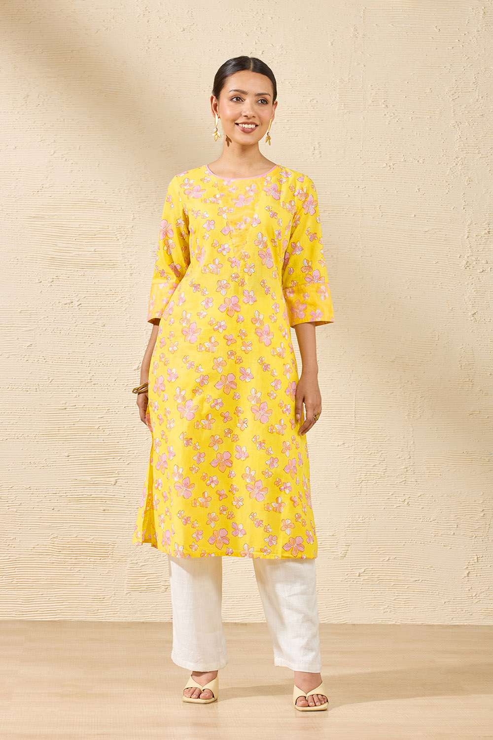 Yellow Sanganeri Block Printed Pure Cotton Kurta image number null