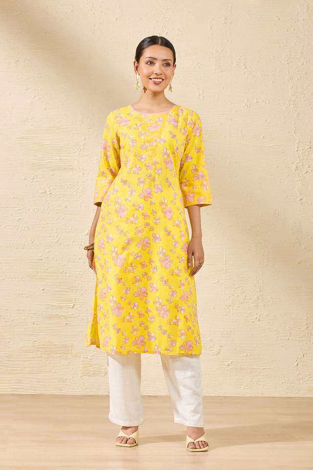 Yellow Sanganeri Block Printed Pure Cotton Kurta thumbnail image number null