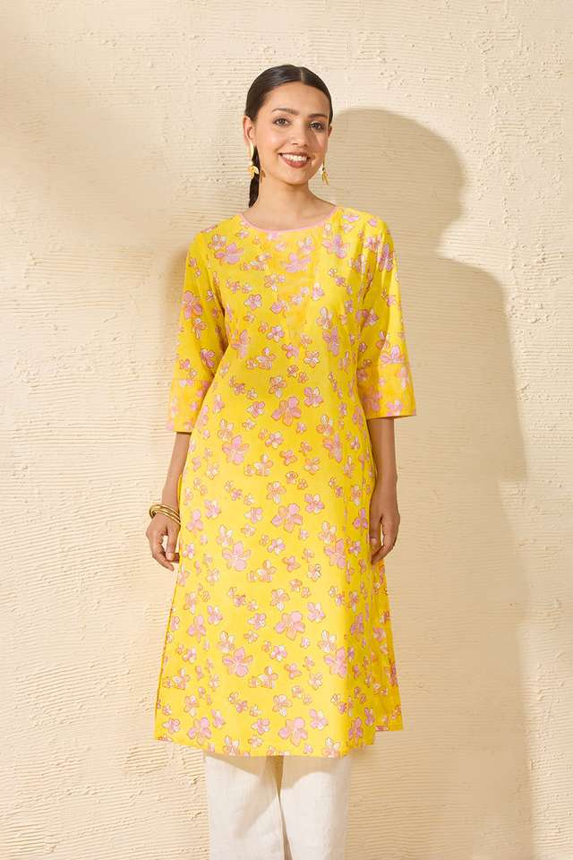 Yellow Sanganeri Block Printed Pure Cotton Kurta thumbnail image number null