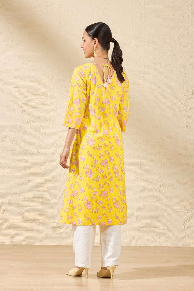 Yellow Sanganeri Block Printed Pure Cotton Kurta thumbnail image number null