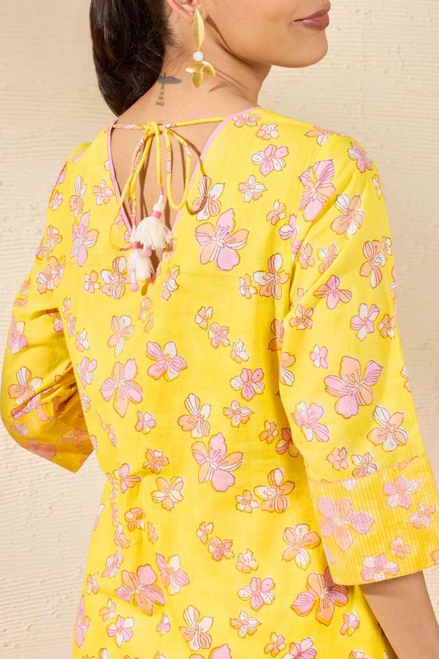 Yellow Sanganeri Block Printed Pure Cotton Kurta thumbnail image number null