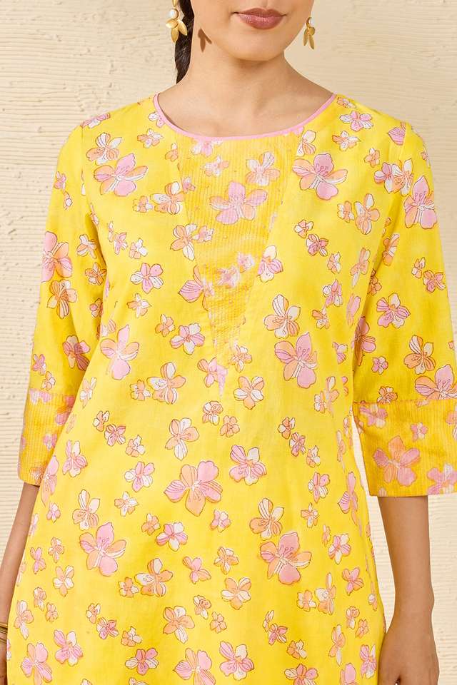 Yellow Sanganeri Block Printed Pure Cotton Kurta thumbnail image number null