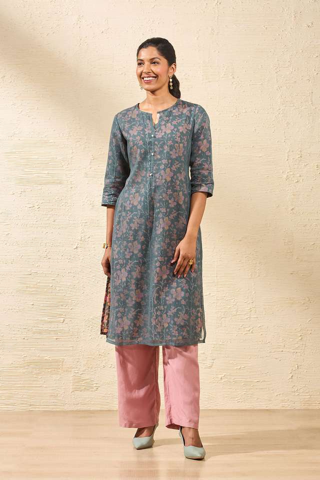 Dark Green Pure Kota Block Printed Sanganeri Kurta thumbnail image number null