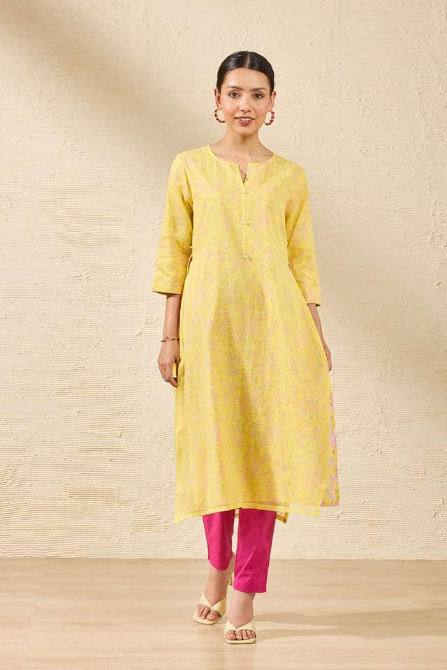 Yellow Pure Kota Printed Sanganeri Kurta image number