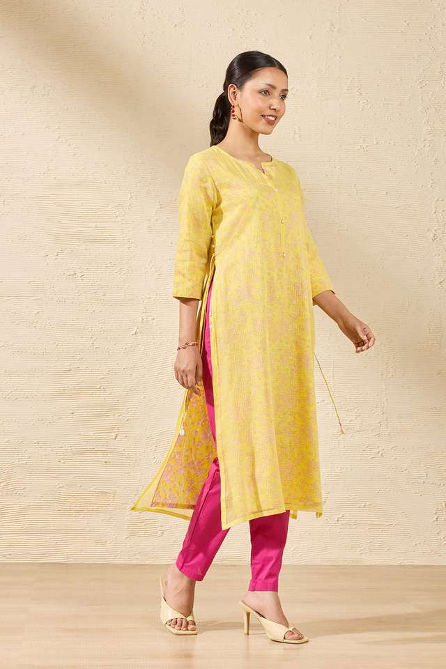 Yellow Pure Kota Printed Sanganeri Kurta thumbnail image number null