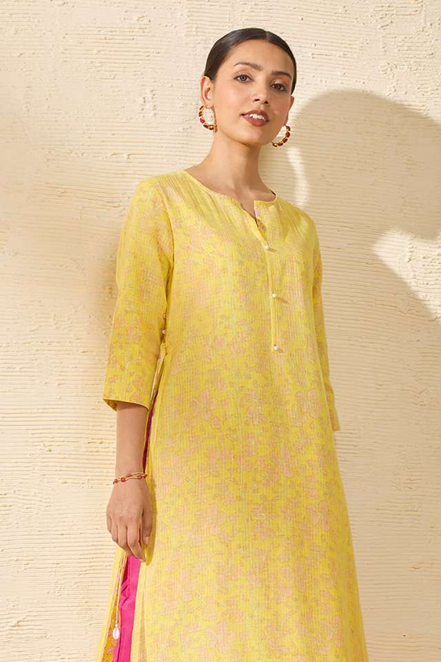 Yellow Pure Kota Printed Sanganeri Kurta thumbnail image number null