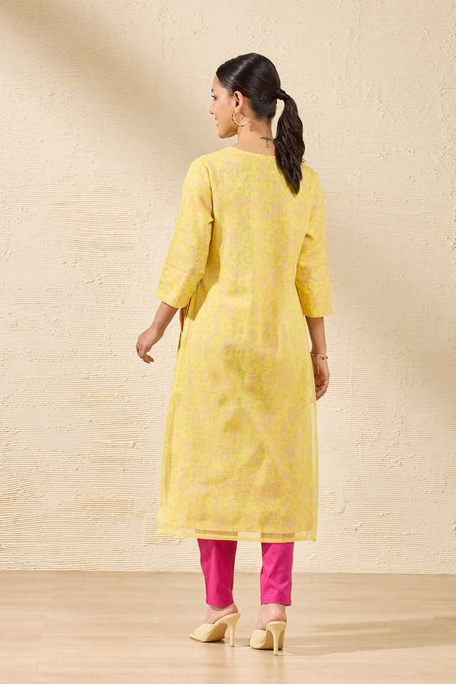 Yellow Pure Kota Printed Sanganeri Kurta thumbnail image number null
