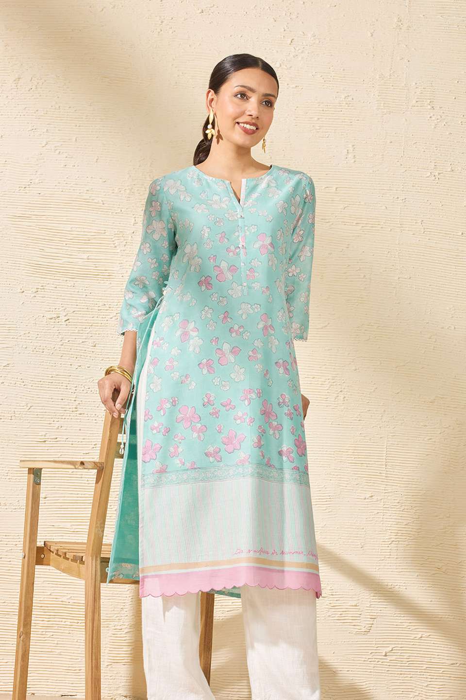 Light Blue Pure Silk Cotton Printed Sanganeri Kurta