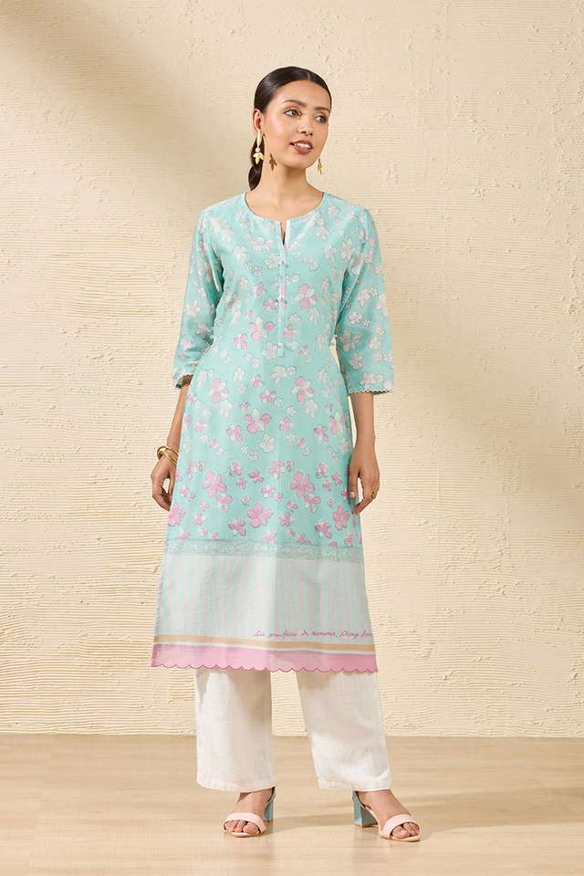 Light Blue Pure Silk Cotton Printed Sanganeri Kurta thumbnail image number null