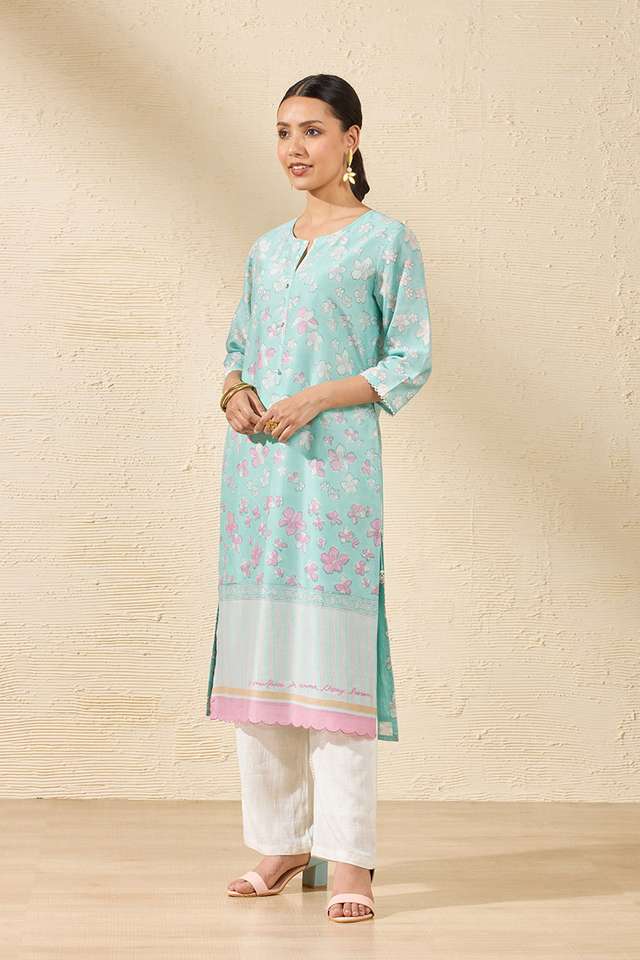 Light Blue Pure Silk Cotton Printed Sanganeri Kurta thumbnail image number null