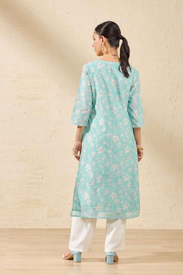 Light Blue Pure Silk Cotton Printed Sanganeri Kurta thumbnail image number null
