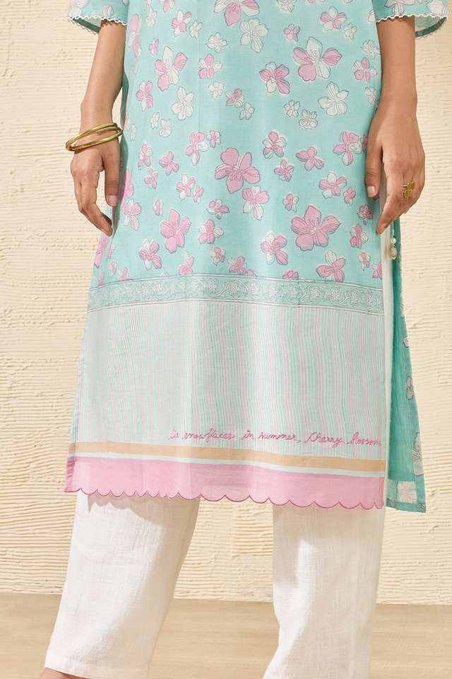 Light Blue Pure Silk Cotton Printed Sanganeri Kurta thumbnail image number null