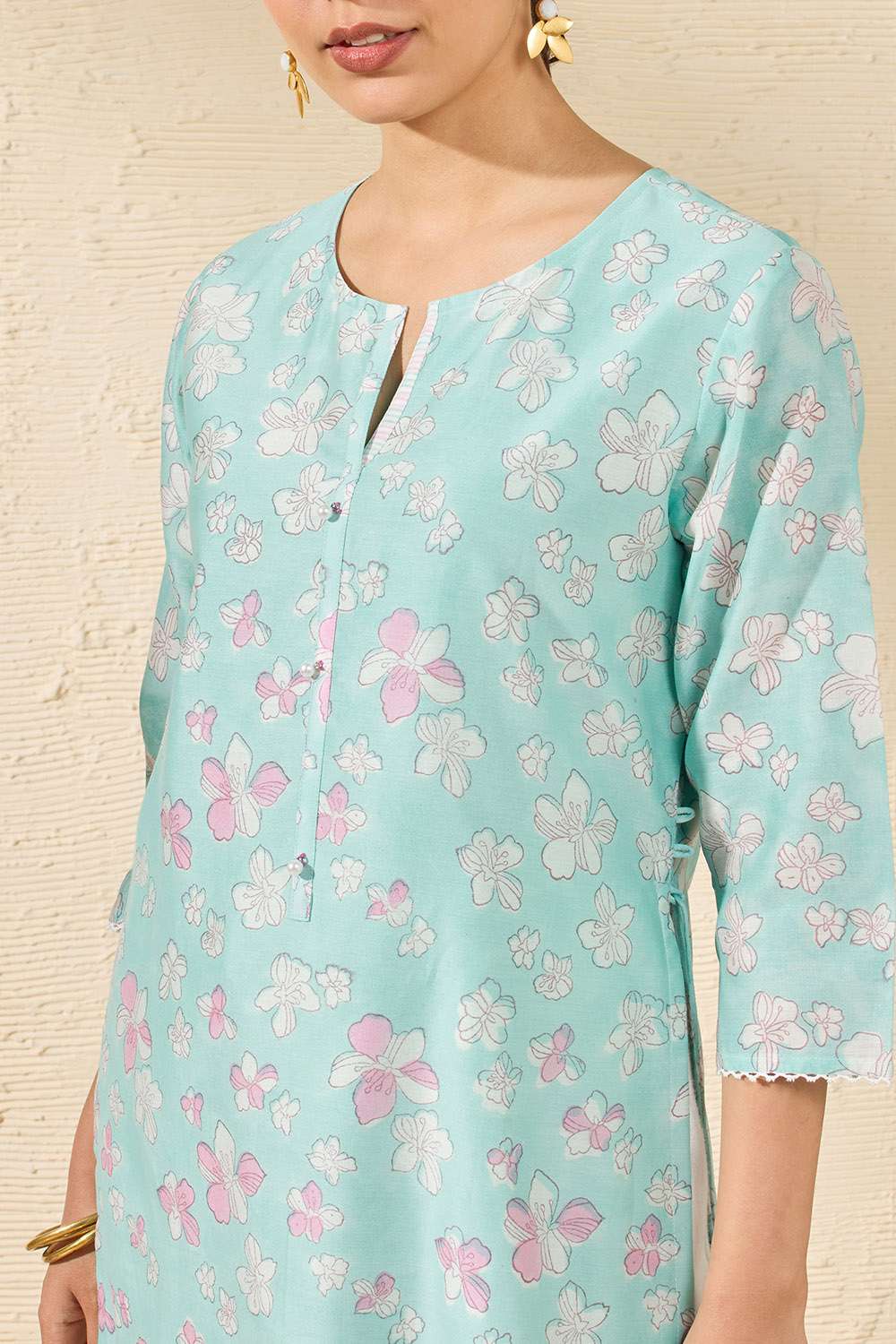 Light Blue Pure Silk Cotton Printed Sanganeri Kurta image number null