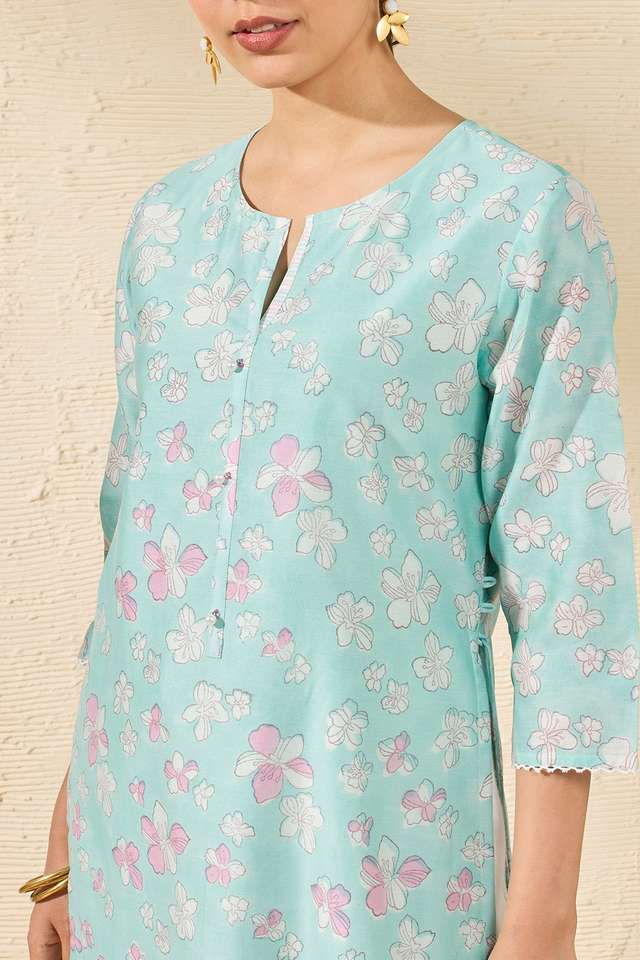 Light Blue Pure Silk Cotton Printed Sanganeri Kurta thumbnail image number null