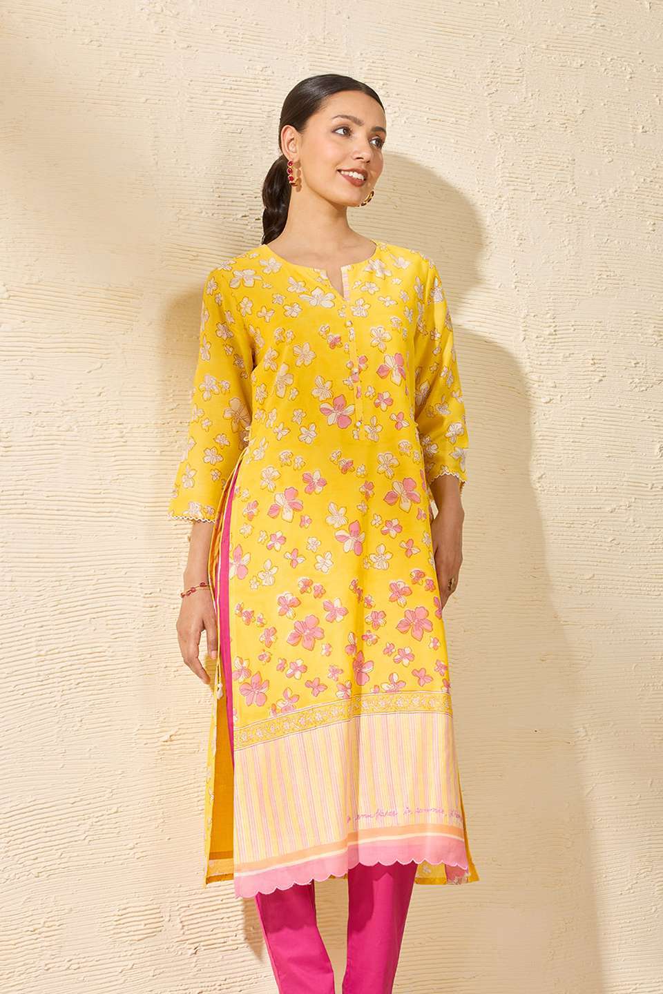 Light Yellow Sanganeri Block Printed Pure Silk Cotton Kurta