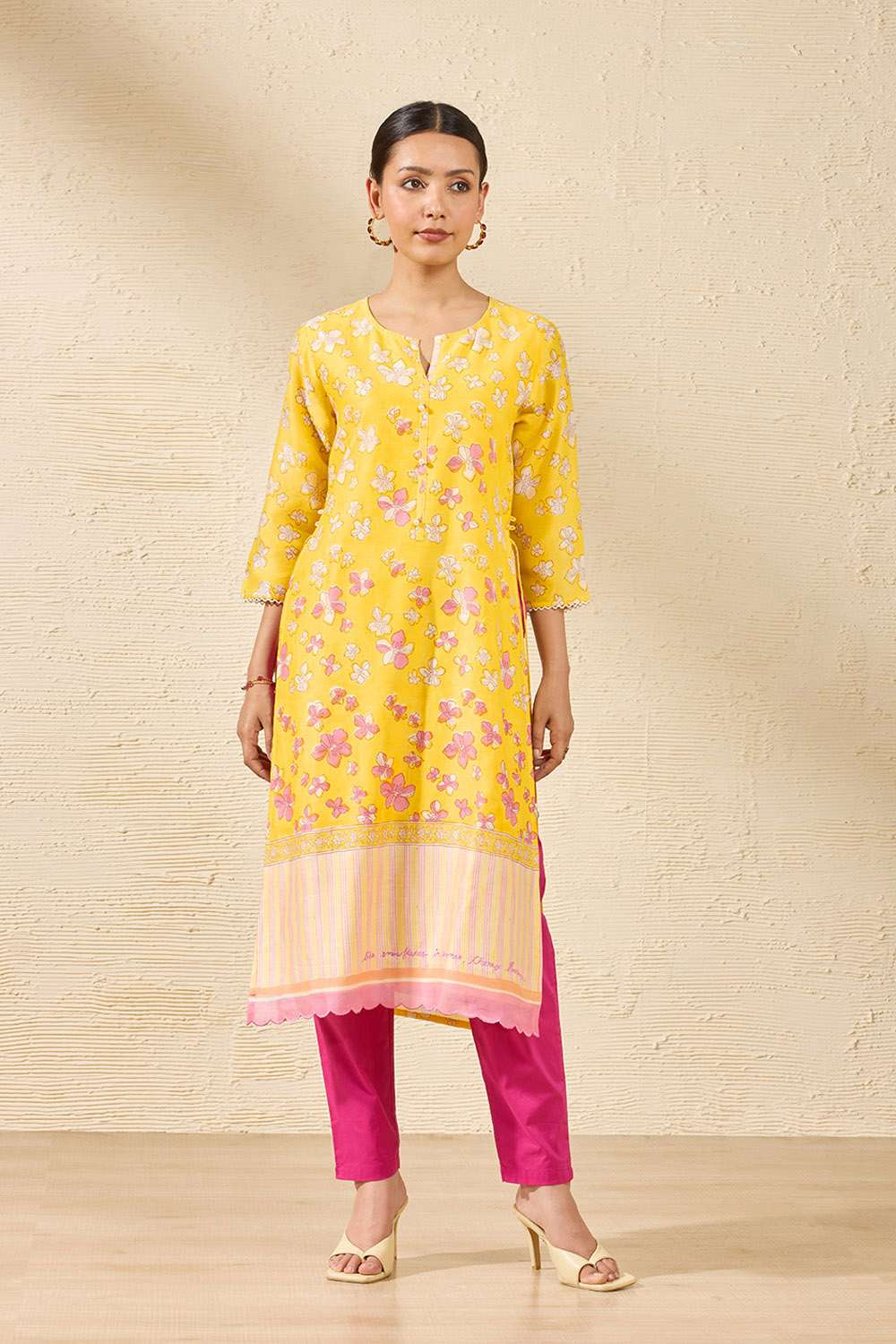 Light Yellow Sanganeri Block Printed Pure Silk Cotton Kurta image number null