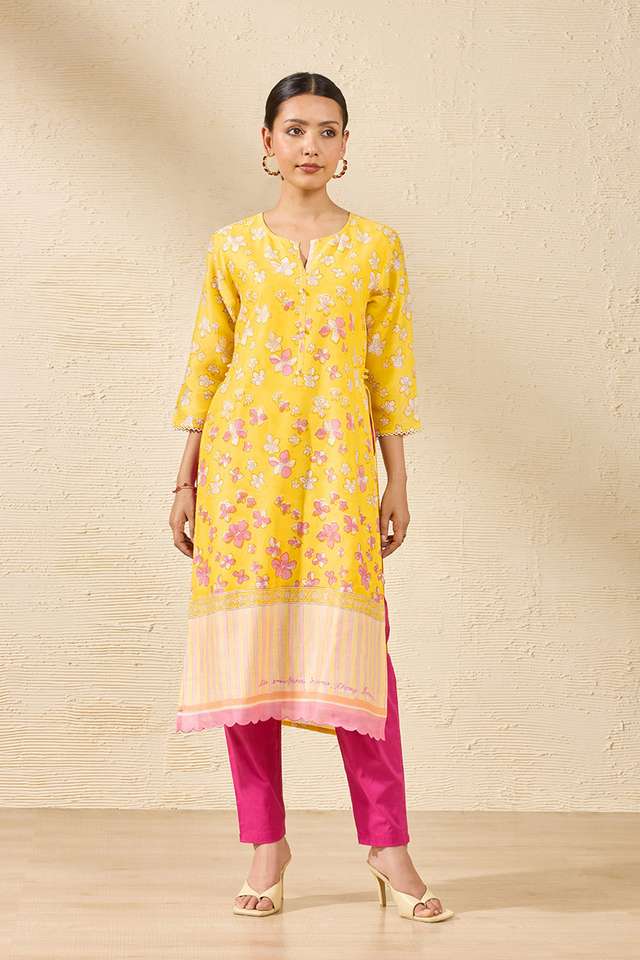 Light Yellow Sanganeri Block Printed Pure Silk Cotton Kurta thumbnail image number null