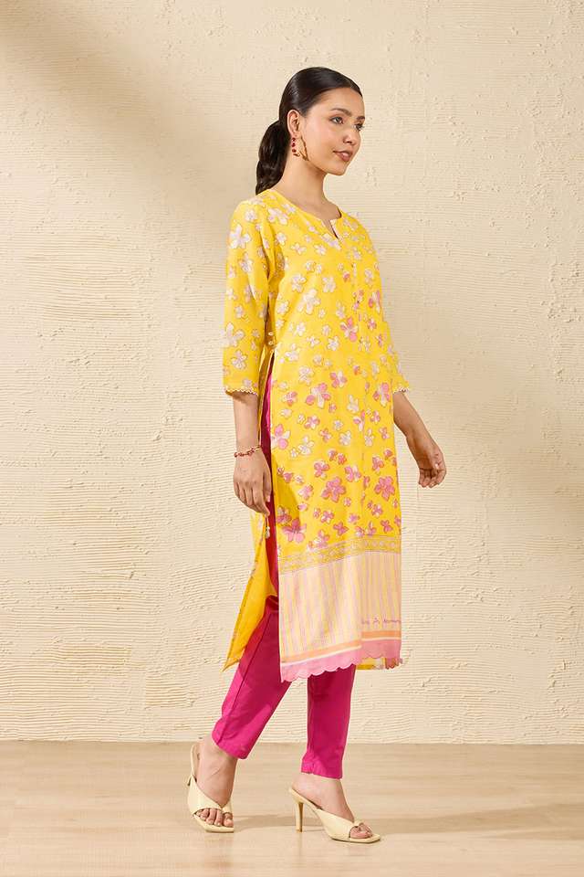 Light Yellow Sanganeri Block Printed Pure Silk Cotton Kurta thumbnail image number null